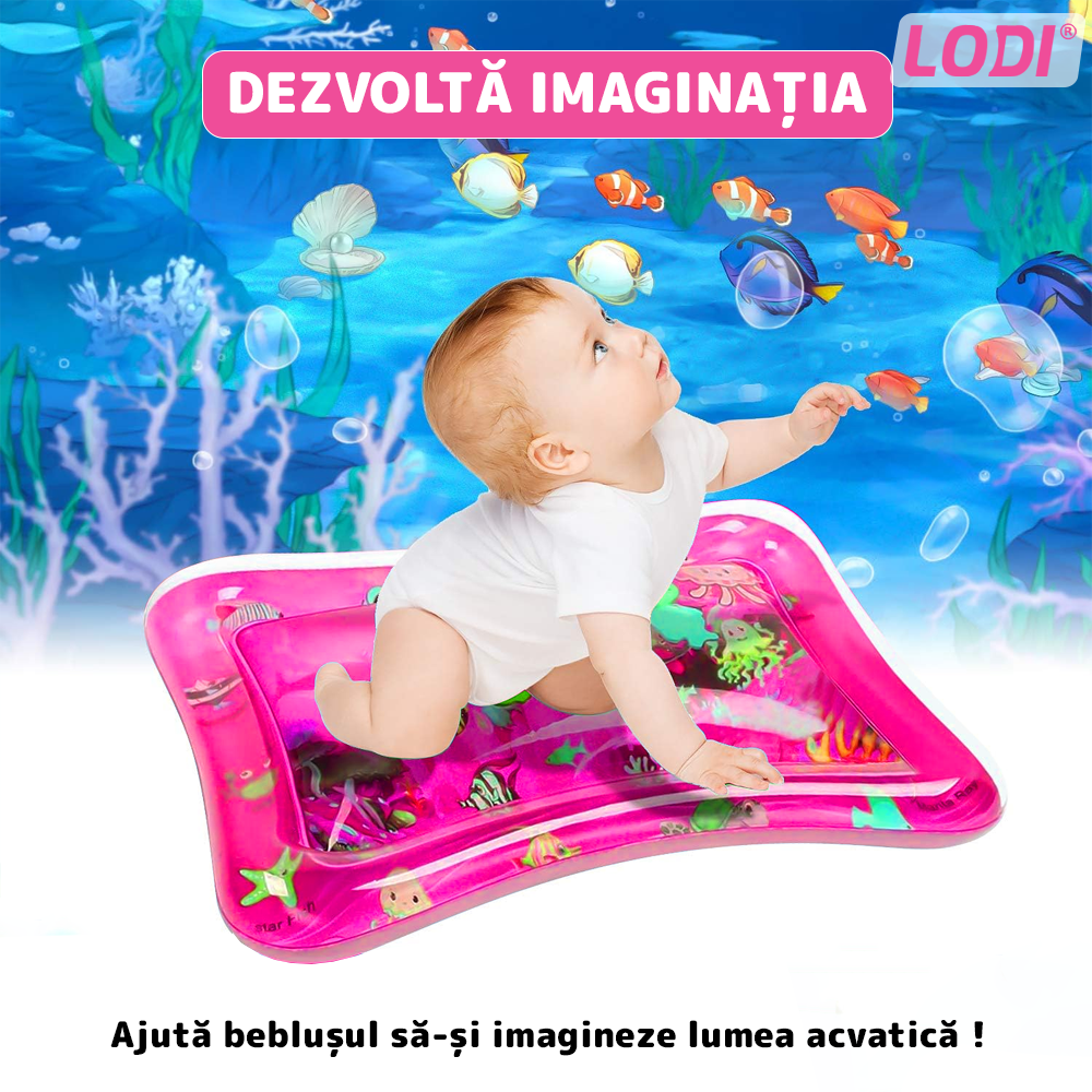 Saltea cu Apa pentru Bebelusi Lodi1207, centru de activitati si joaca, gonflabila, umpluta cu lichid, jucarii senzoriale tip animale marine, design distractiv, roz
