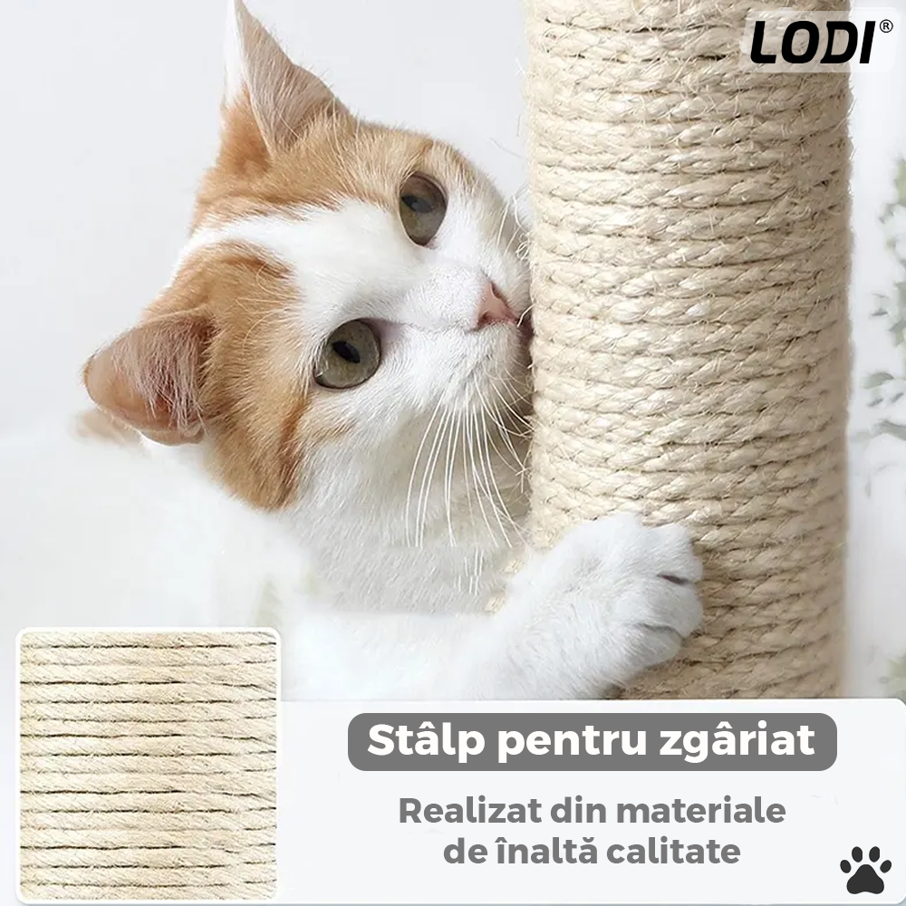 Ansamblu de Joaca pentru Pisici Lodi624, tip turn,1 platforma de observatie, 3 niveluri, 1 casuta, scara, hamac, franghie si mingiuta de joaca, stalpi pentru zgariat, captuseala extra moale, structura stabila, 96 cm, gri deschis