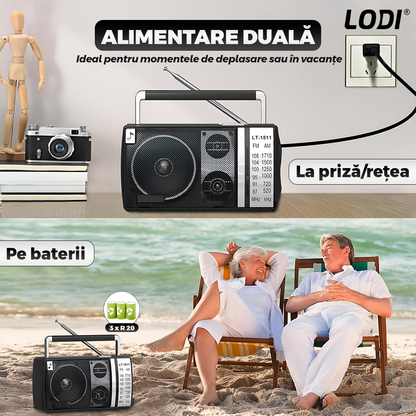 Radio Portabil Lodi1263, FM/AM, mod dual de alimentare, baterii/la priza, receptie ridicata ce prinde posturi regionale/la sate, port jack 3.5 mm, negru