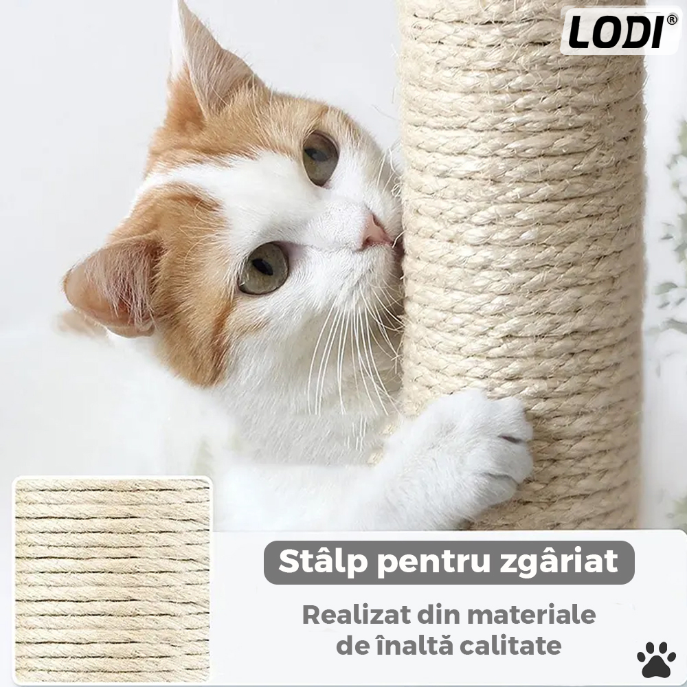 Ansamblu de Joaca pentru Pisici Lodi320, cu 3 platforme de observatie, 3 niveluri, 1 casuta, franghie si minge de joaca, stalpi pentru zgariat, captuseala extra moale, structura stabila, 110 cm, gri