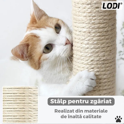 Ansamblu de Joaca pentru Pisici Lodi320, cu 3 platforme de observatie, 3 niveluri, 1 casuta, franghie si minge de joaca, stalpi pentru zgariat, captuseala extra moale, structura stabila, 110 cm, gri