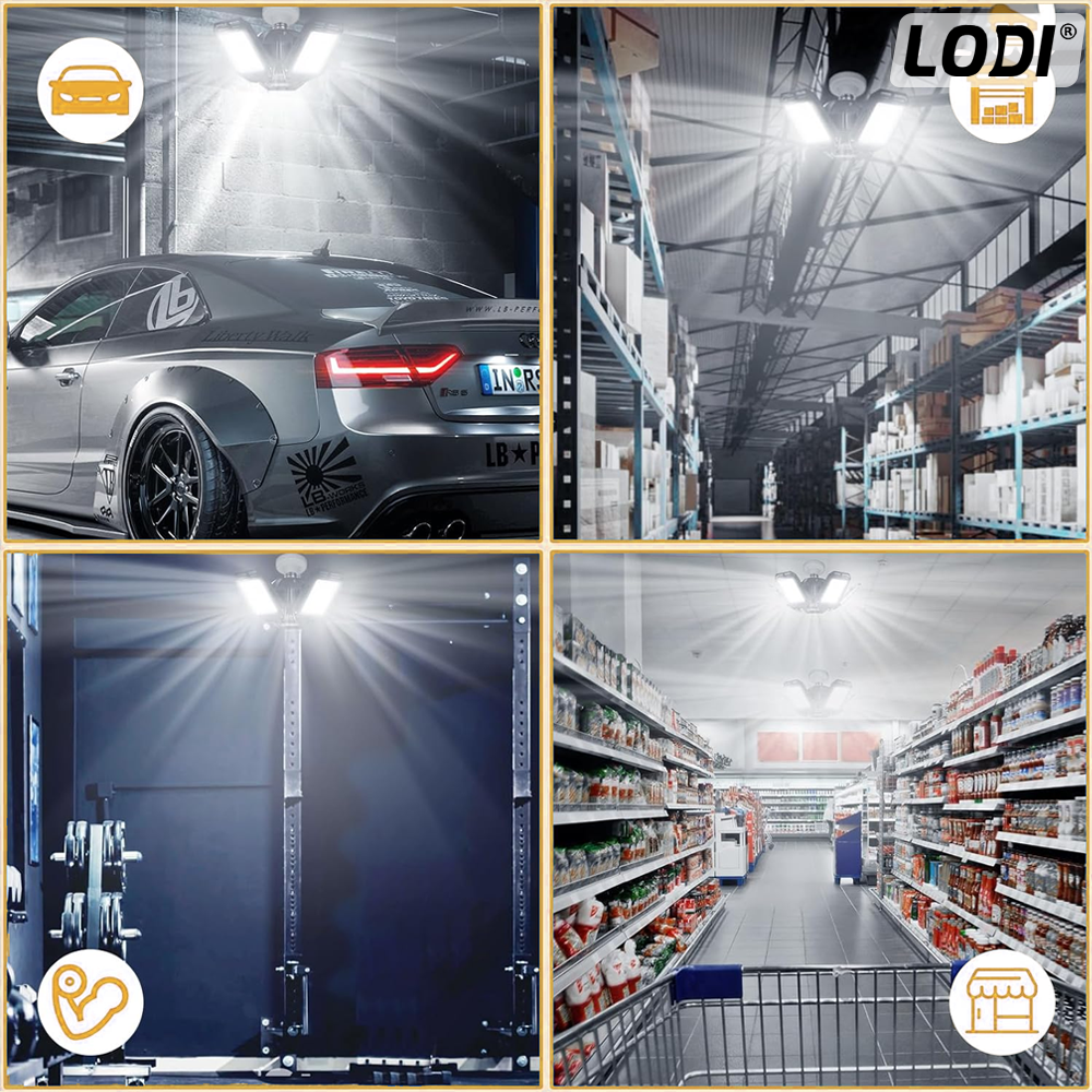 Lampa LED cu 3 Brate Mobile Lodi1221, 3 aripi pliabile, 36 LED-uri, flux luminos 3000LM, lumina alba rece 6000-6500K, bec iluminare pentru interior garaj/depozit/atelier, alb