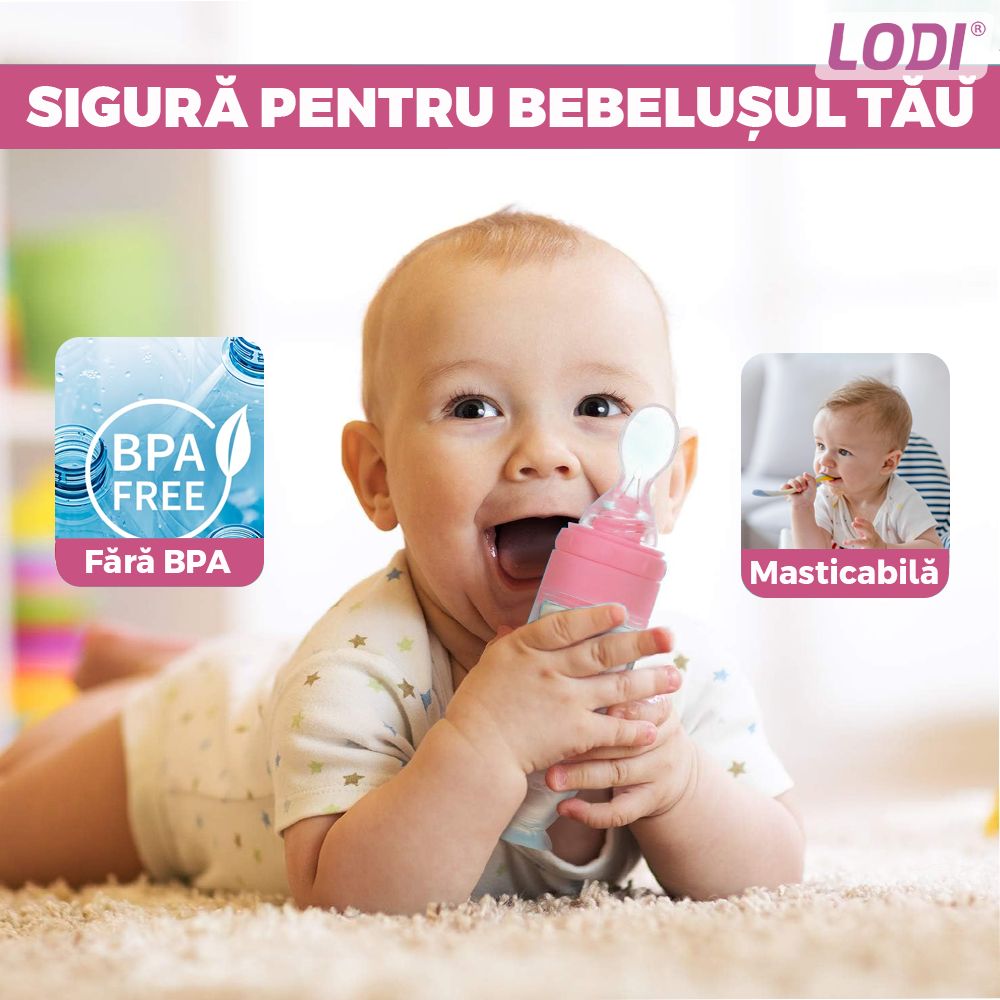 Lingurita de Silicon cu Rezervor Lodi544, polipropilena, fara BPA, termorezistenta, portabila, recipient gradat, 20.3 cm, roz