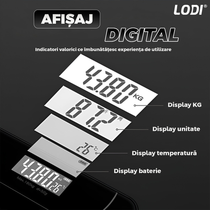 Cantar Electronic Inteligent Lodi1285, pentru baie, corporal, aplicatie smart, indicator greutate/baterie/temperatura, conectare bluetooth, afisaj digital iluminat, greutate maxima suportata 180 kg, baterii incluse, negru
