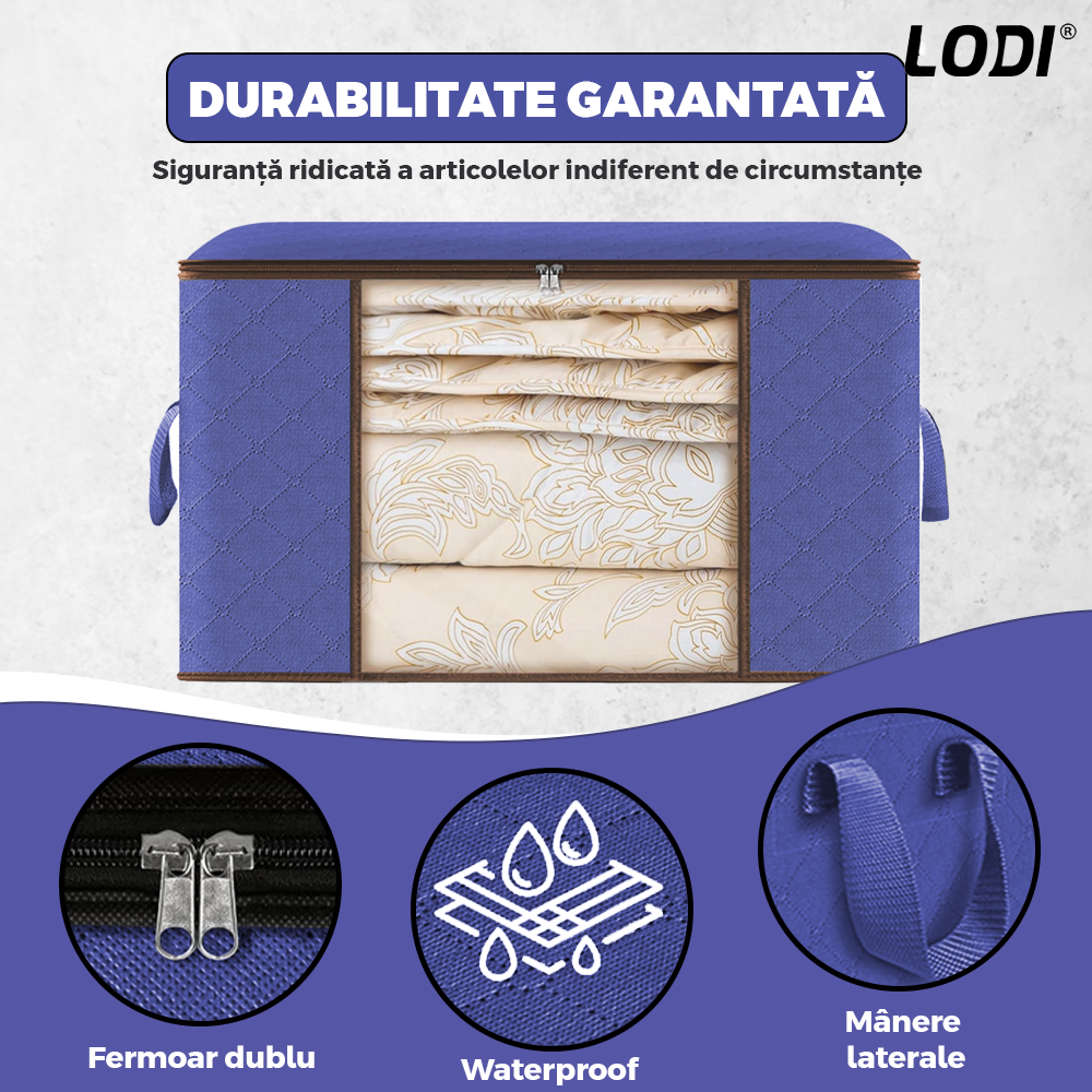 Set 3 Cutii pentru Depozitare si Organizare Lodi1055, 3 dimensiuni, pliabile, maner ranforsat si fereastra transparenta, pentru haine/paturi/ plapumi/ perne/ lenjerii de pat/jucarii, 60 L / 84 L / 105 L, albastru