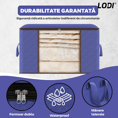 Set 3 Cutii pentru Depozitare si Organizare Lodi1055, 3 dimensiuni, pliabile, maner ranforsat si fereastra transparenta, pentru haine/paturi/ plapumi/ perne/ lenjerii de pat/jucarii, 60 L / 84 L / 105 L, albastru