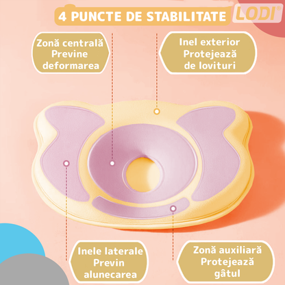 Perna pentru Bebelusi Lodi1201, model ursulet, husa de protectie inclusa, spuma cu memorie, anti-plagiocefalie, pentru formarea capului, 26x22 cm, galben