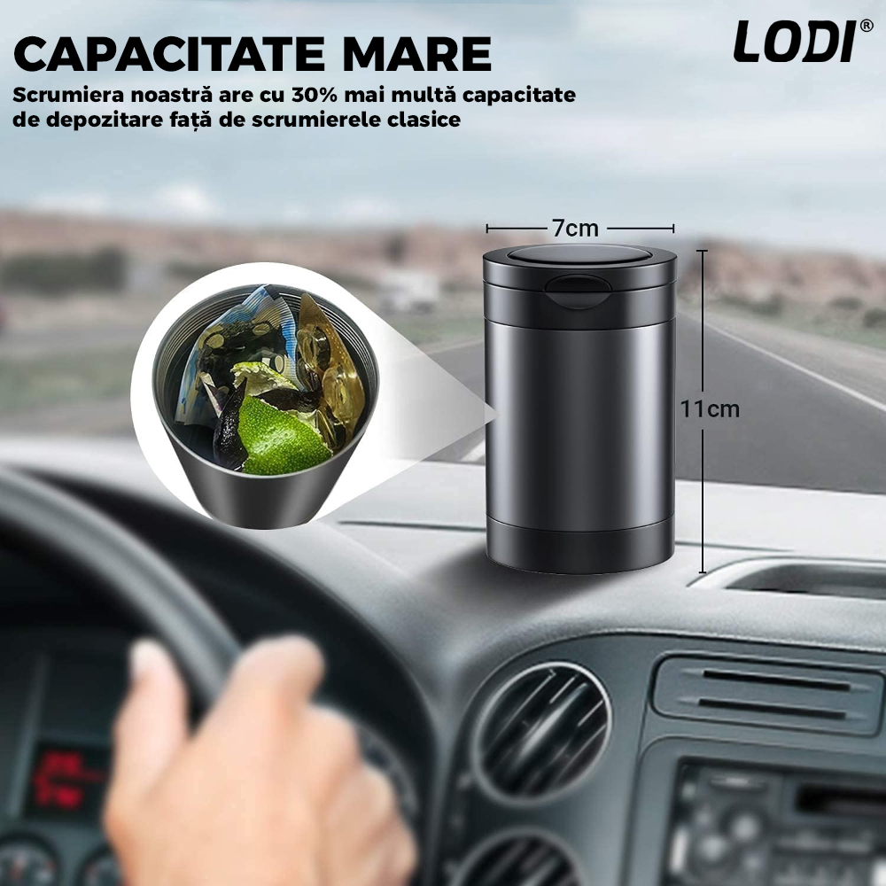 Scrumiera Auto Mini Car Ashtray Lodi112, indicator LED, deschidere inteligenta, interior metal, 3 compartimente detasabile, design elegant, negru