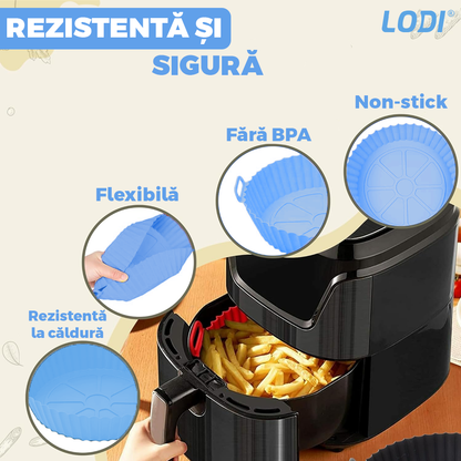 Tava de Copt Rotunda Lodi987, pentru friteuza/cuptor/microunde, antiaderenta, rezistenta la temperaturi inalte, 21 x 17 cm, albastru
