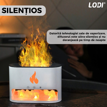 Difuzor Aromaterapie Lodi593, efect flacara, 4 culori LED, capacitate 250ml, cristale de sare de himalaya, silentios, umidifica aerul, alb