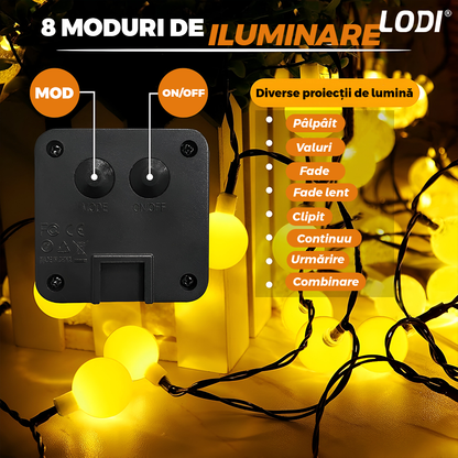 Ghirlanda Solara cu Globuri Lodi1262, 50 de LED-uri, incarcare solara, autonomie ridicata, protectie IP65, 8 moduri de iluminare, 7 metri, alb cald