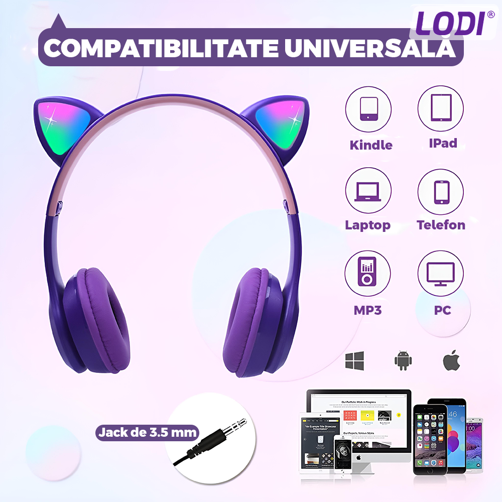Casti Wireless Model Pisica Lodi952, P47M, overear, urechi de pisica cu iluminare RGB, bluetooth 5.0, handsfree, HiFi, bass stereo, mov