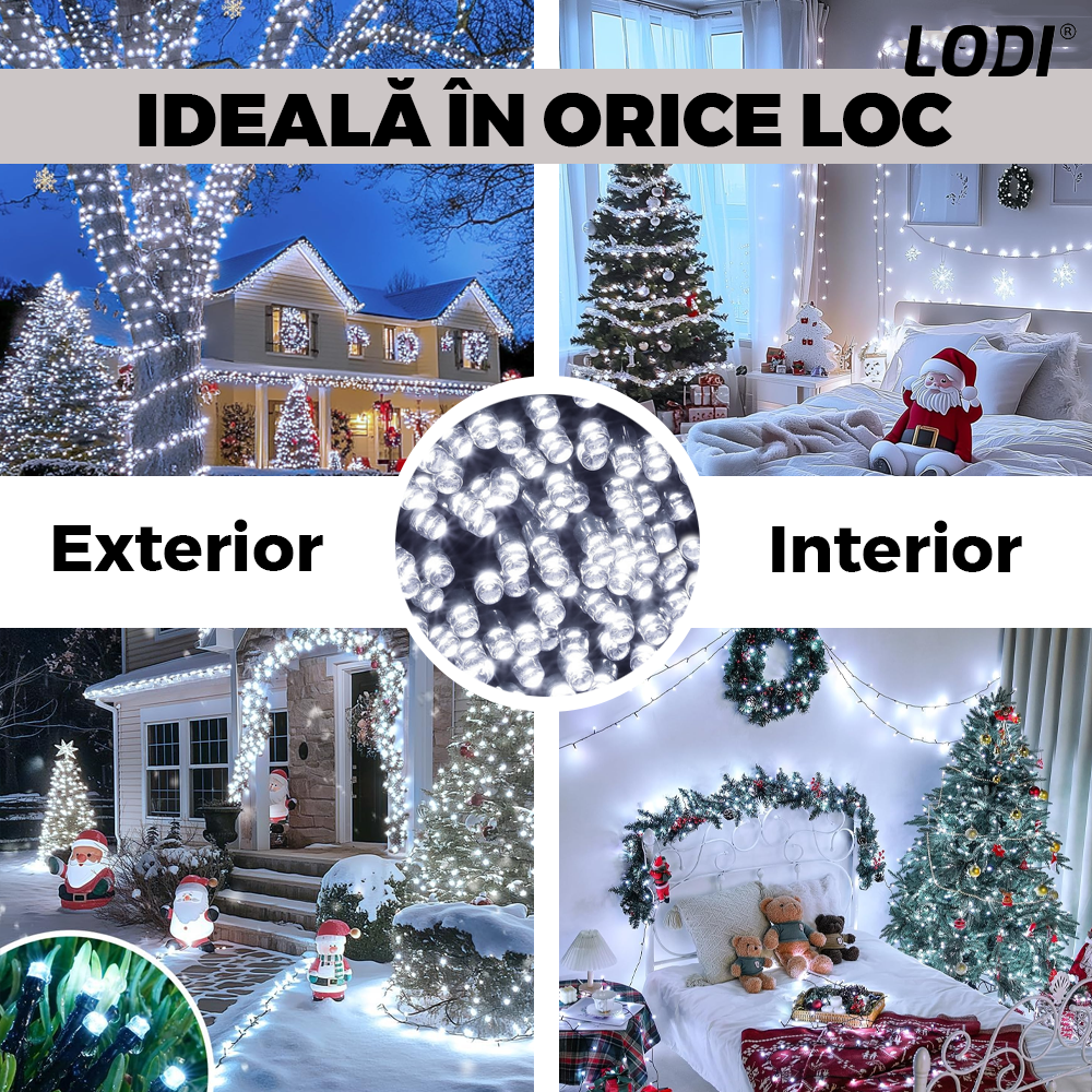 Instalatie de Craciun Liniara cu Panou Solar Lodi1459, 10 m, 8 jocuri de lumini, alimentare la priza, fir verde, interior/exterior, rezistenta la apa, 100 LED-uri, alb rece