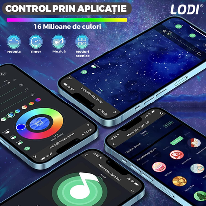 Proiector de Stele Catel Astronaut 2.0 Lodi549, lampa de veghe pentru copii, control prin aplicatie, compabil cu Alexa/Google Assistant, reglare 360, sunete albe, trepte de ajustare luminozitate, timer, 15 moduri de iluminare, speaker bluetooth, alb