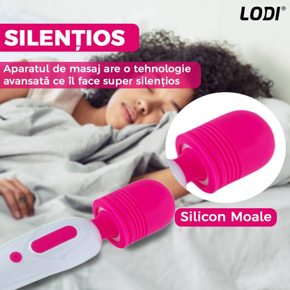 Aparat de Masaj Lodi1096, 10 Frecvente de Vibratii, waterproof, alimentare USB, portabil, elimina durerile musculare, roz/alb
