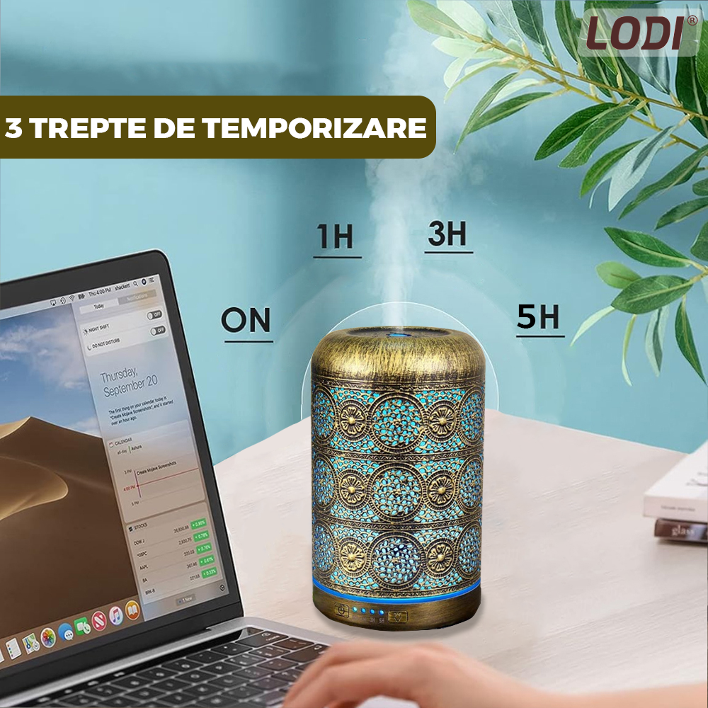 Difuzor Aromaterapie Lodi605, din metal, design vintage, 7 culori LED, 2 jocuri de lumini, capacitate 250ml, silentios, umidifica aerul, bronz