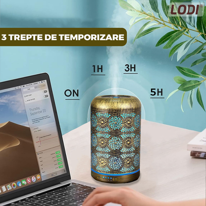 Difuzor Aromaterapie Lodi605, din metal, design vintage, 7 culori LED, 2 jocuri de lumini, capacitate 250ml, silentios, umidifica aerul, bronz