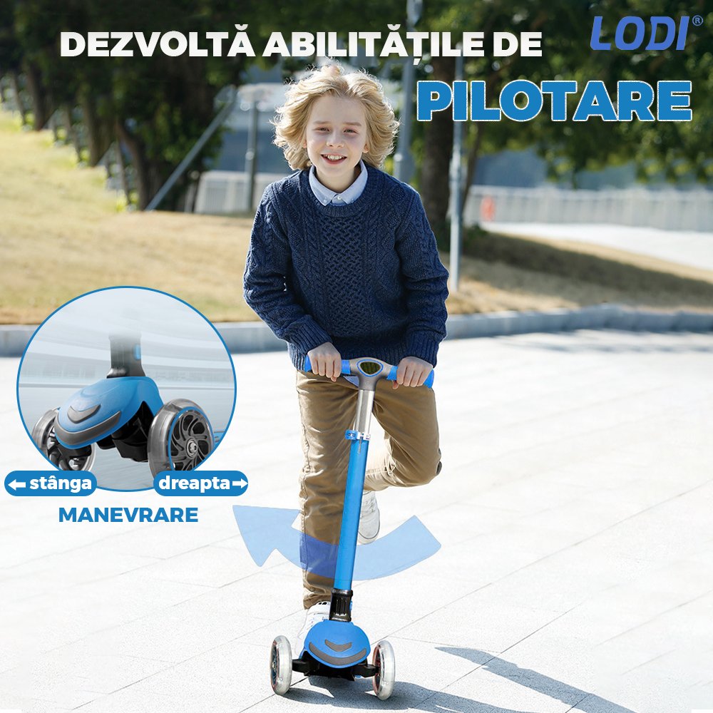 Trotineta pentru Copii cu Lumini Lodi1052, 3 roti, pliabila, anti-aluncare, inaltime ajustabila, stabila, frana, incorporata, 3-11 ani, albastru