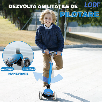Trotineta pentru Copii cu Lumini Lodi1052, 3 roti, pliabila, anti-aluncare, inaltime ajustabila, stabila, frana, incorporata, 3-11 ani, albastru