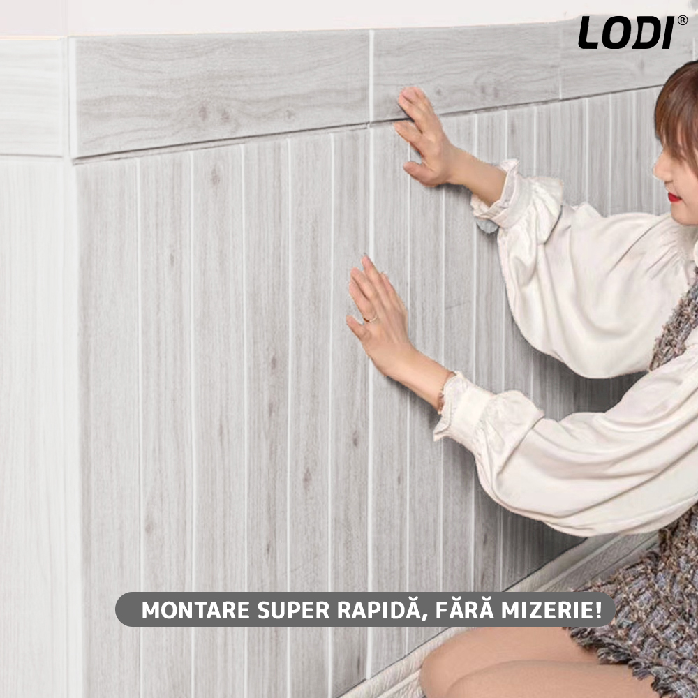 Set Tapet Panou 3D Lodi92, Model Lemn, suprafata acoperire 4.9 mp, autoadeziv, waterproof, usor de montat, design modern, 70x70 cm, gri deschis