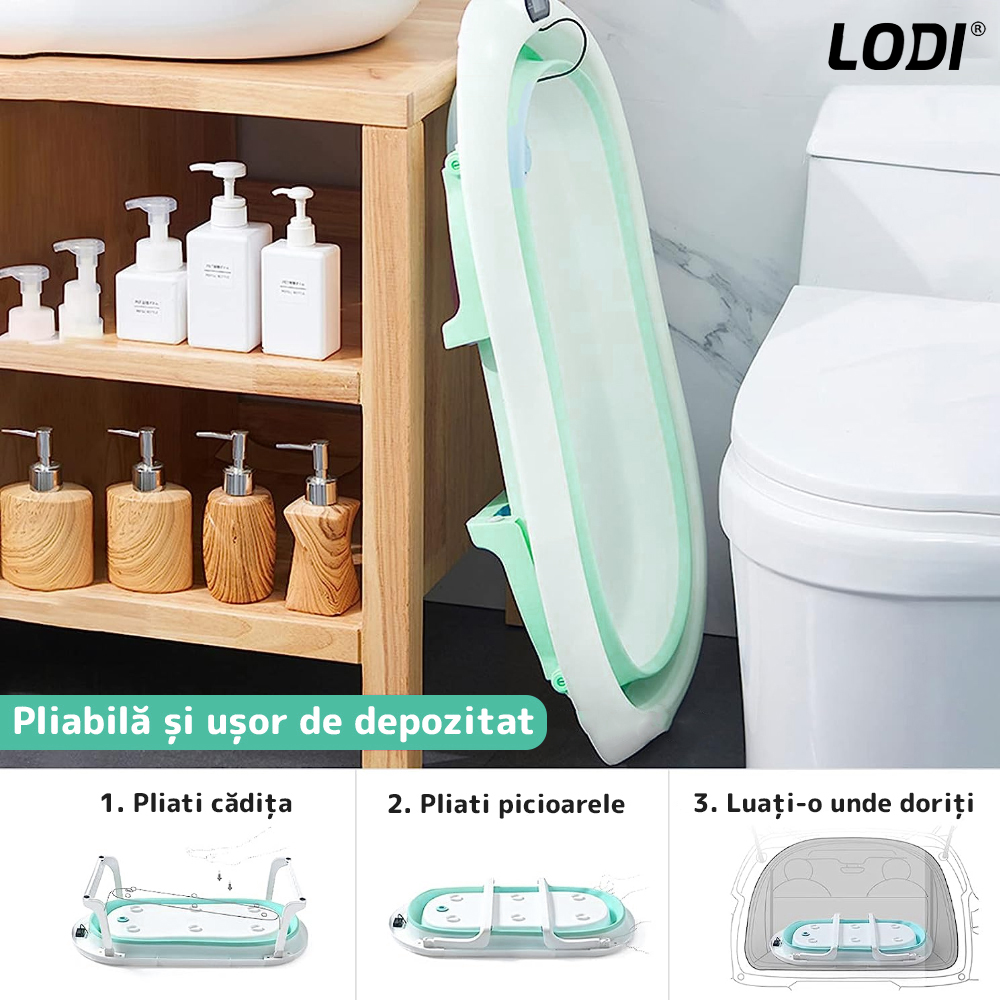 Cadita cu Pernuta pentru Bebelusi Lodi1314, casca de protectie inclusa, termometru digital incorporat, pliabila, dop de scurgere, picioare anti-alunecare, design ergonomic, 75 x 45 x 22 cm, verde