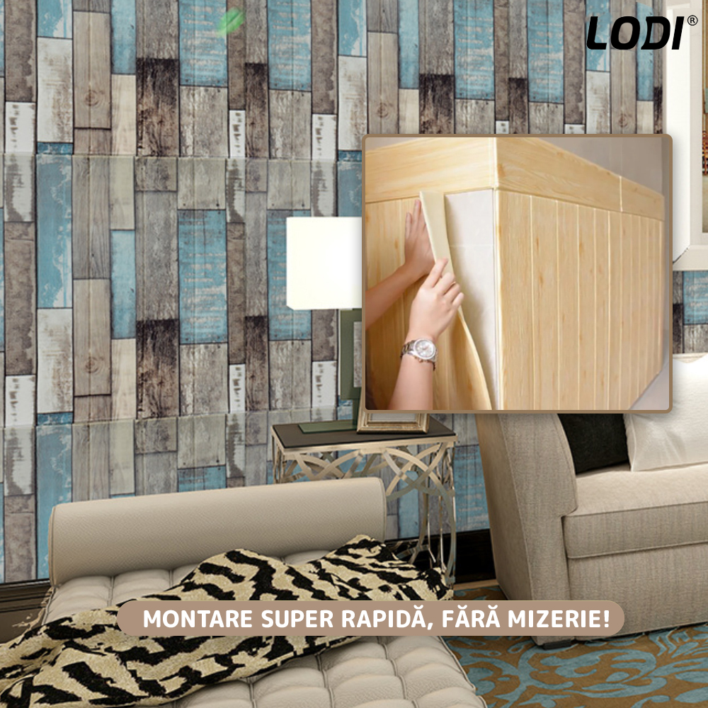Set Tapet Panou 3D Lodi99, Model Lemn, suprafata acoperire 4.9 mp, autoadeziv, waterproof, usor de montat, design modern, 70x70 cm, multicolor