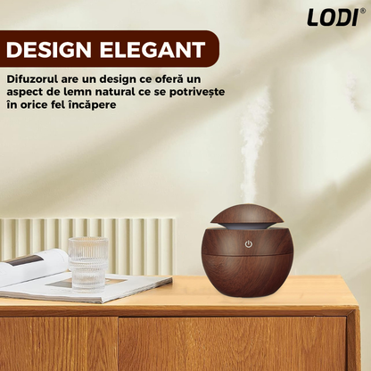 Difuzor Aromaterapie Lodi1465, forma de sfera, 7 culori LED, lumini dinamice, control tactil, capacitate 130ml, silentios, rezerva inclusa, umidifica aerul, stejar inchis
