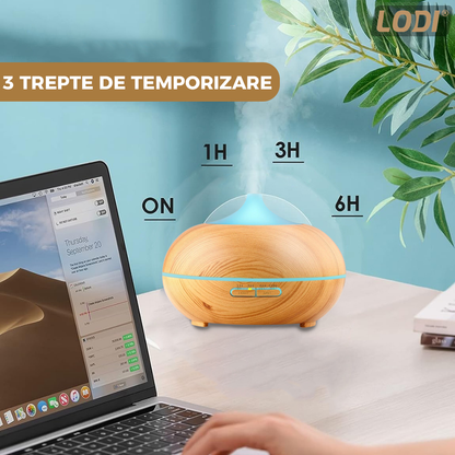 Difuzor Aromaterapie Lodi213, 7 culori LED, 2 jocuri de lumini, control prin telecomanda, capacitate 500ml, silentios, umidifica aerul, stejar deschis