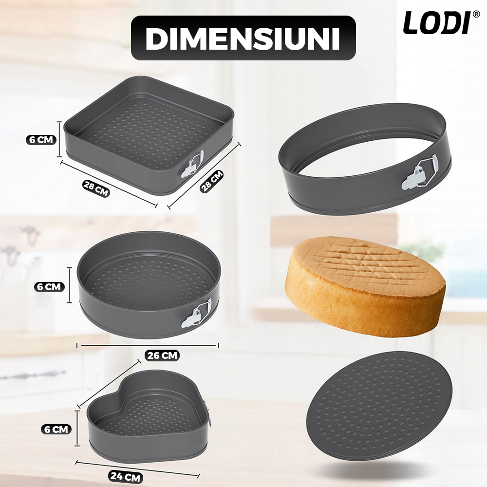 Set 3 Tavi pentru Copt Lodi1073, forma inima/cerc/patrat, baza detasabila, antiaderente, rezistente, usor de curatat, 24/26/28 cm, negru
