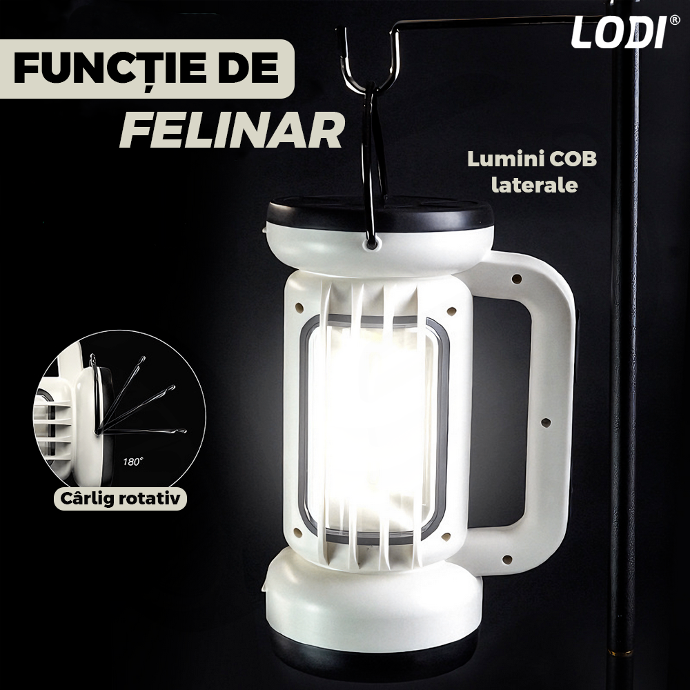 Lanterna LED 2 in 1 Lodi1082, tip felinar, multifunctionala, 3 surse de lumina, luminozitate ajustabila, functie de power bank, alimentare la retea, tehnologie LED+COB, alb