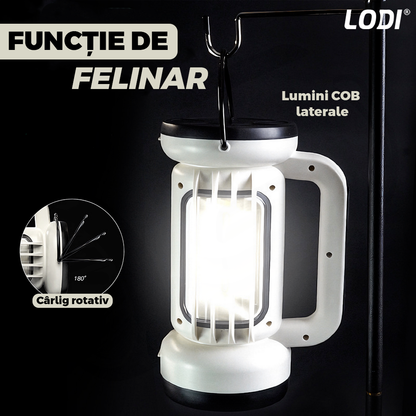 Lanterna LED 2 in 1 Lodi1082, tip felinar, multifunctionala, 3 surse de lumina, luminozitate ajustabila, functie de power bank, alimentare la retea, tehnologie LED+COB, alb