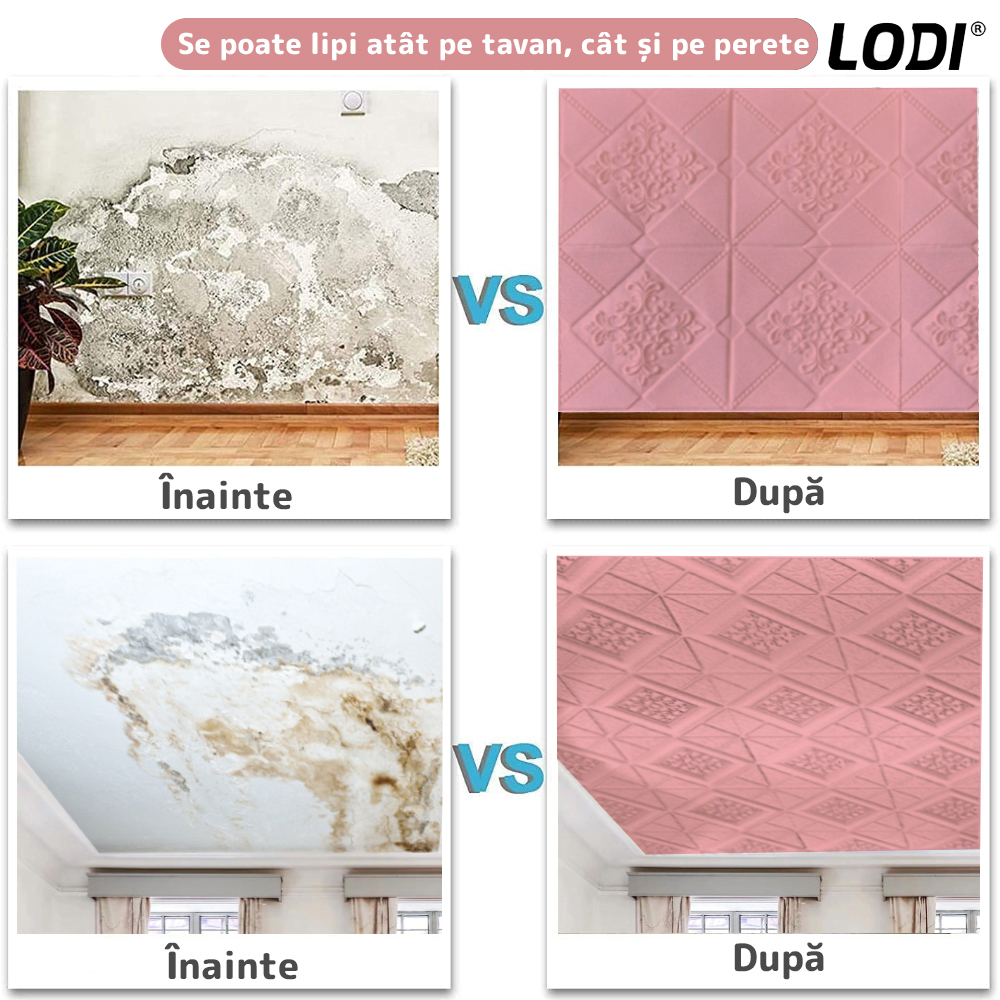 Set Tapet 3D Lodi117, suprafata acoperire 4.9 mp, autoadeziv, perete/tavan, model floral, waterproof, usor de montat, design modern, 70x70 cm, roz