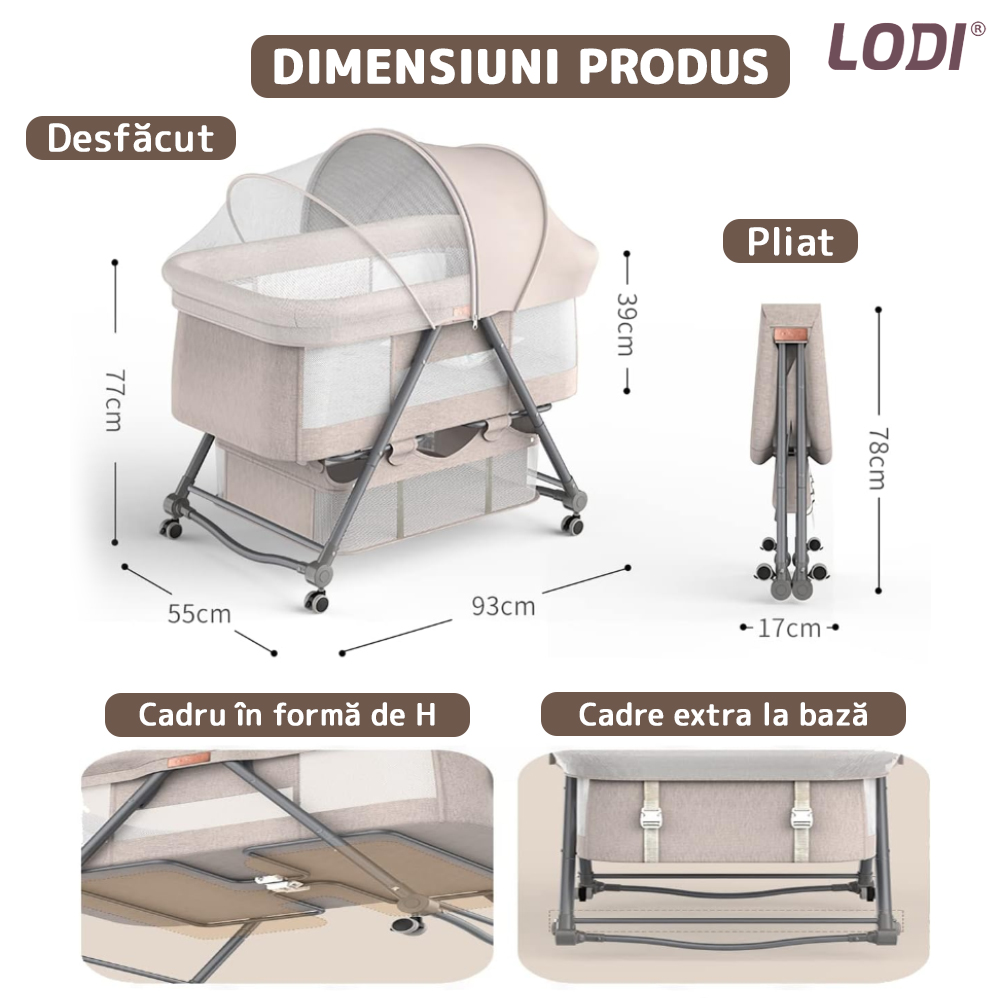 Patut Pliabil pentru Bebelusi Lodi309, 3 trepte de inclinare, sistem de blocare, plasa anti-insecte, cos depozitare, crem