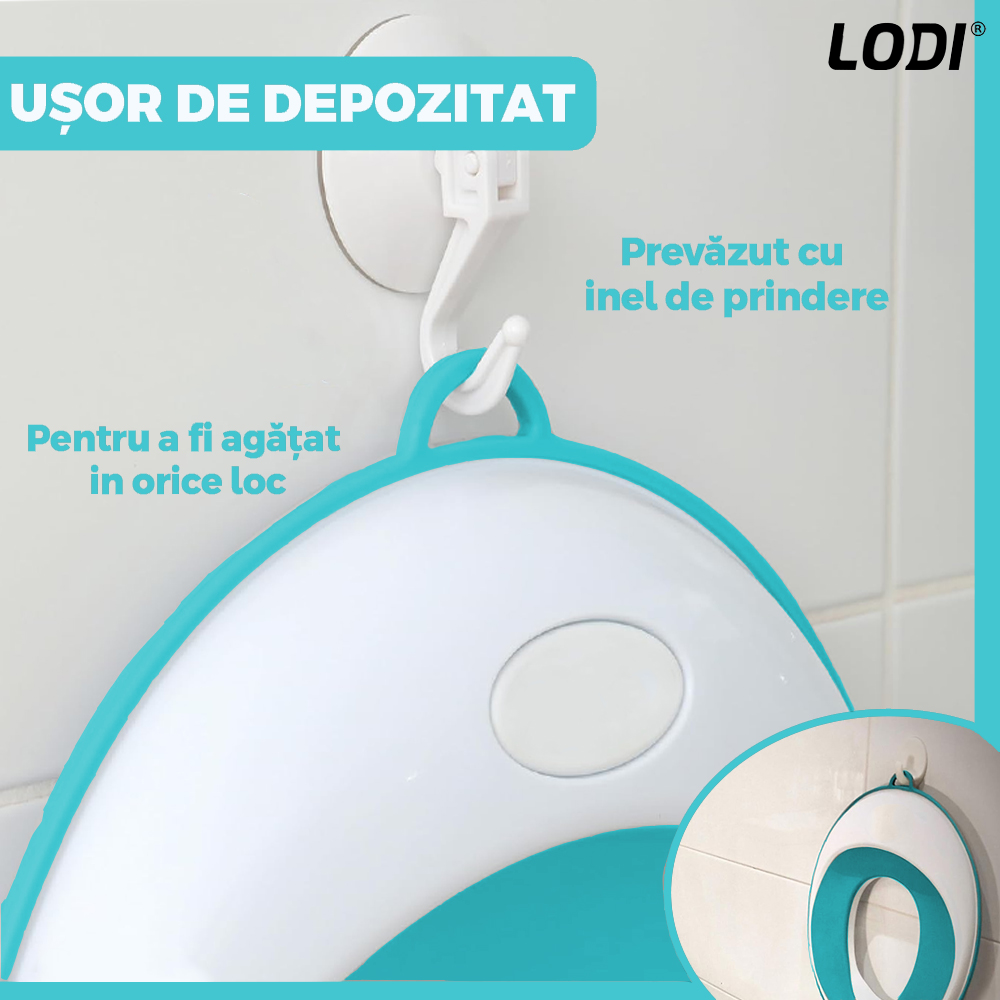 Reductor WC Copii Lodi650, suprafata antiderapanta, confortabil, protectie impotriva stropilor, compatibilitate universala, inel de prindere, portabil, alb/albastru