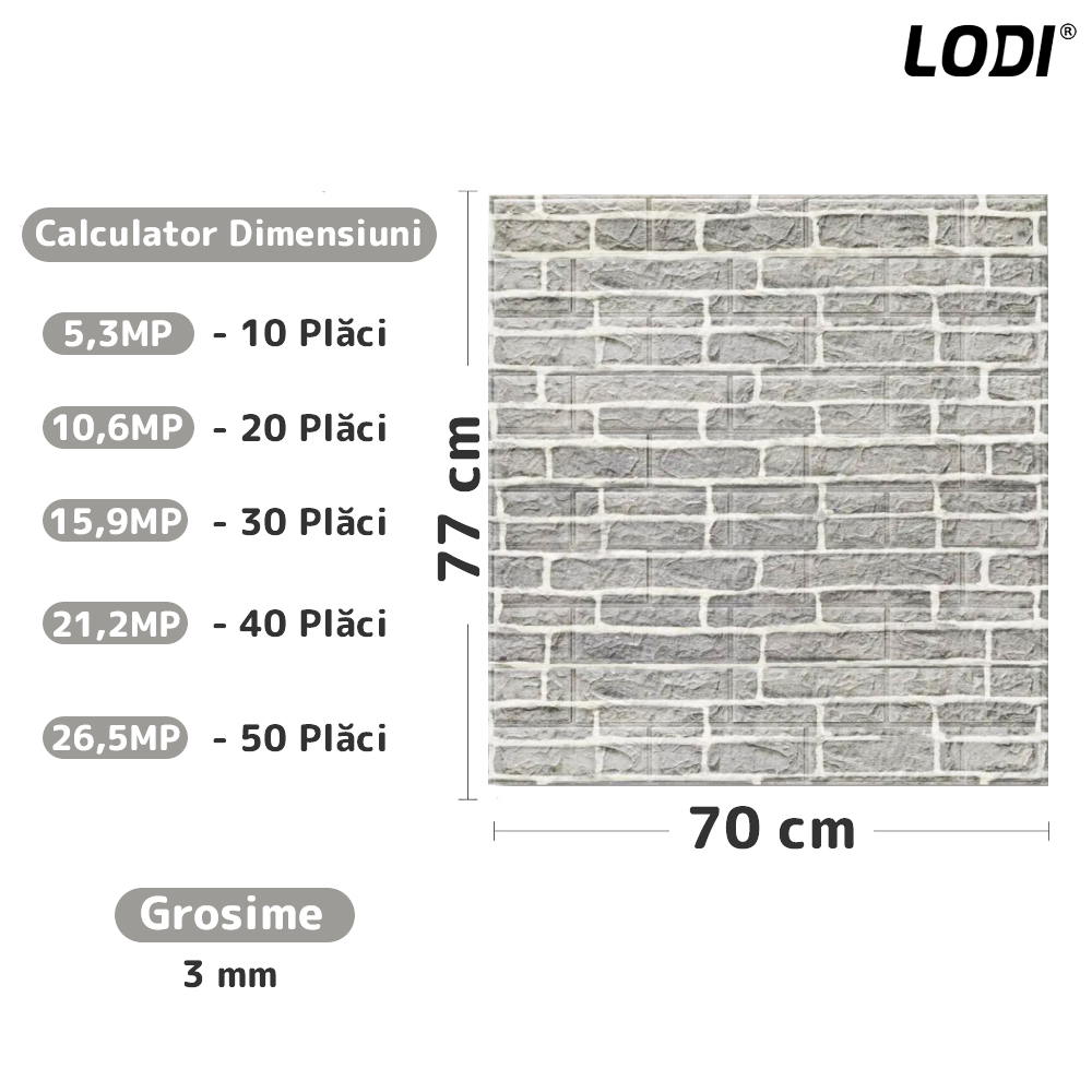 Set Tapet Caramida 3D Lodi83, Model Piatra Dreptunghiulara, suprafata acoperire 5.3 mp, autoadeziv, waterproof, usor de montat, design modern, 70x77 cm, gri