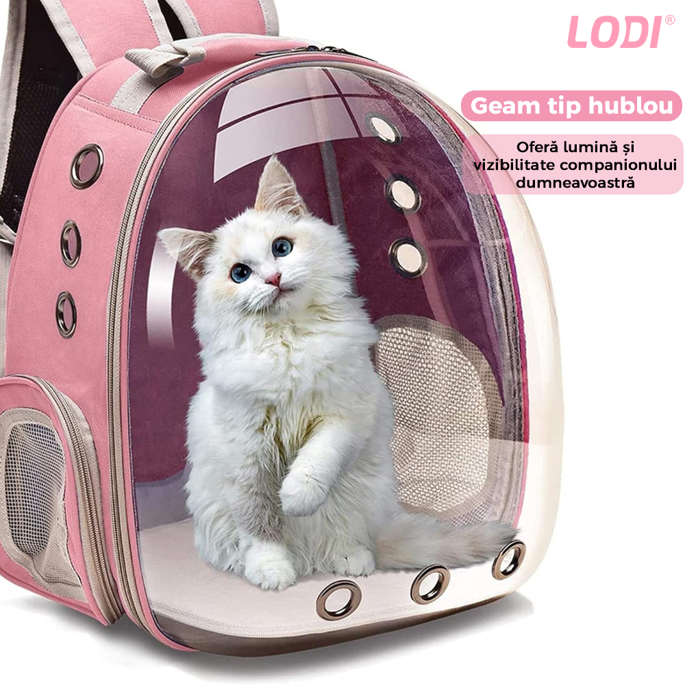 Rucsac Transport Animale Lodi373, greutate Max 7kg, hublou panoramic transparent, buzunar lateral, 2 iesiri, pentru talie mica, roz