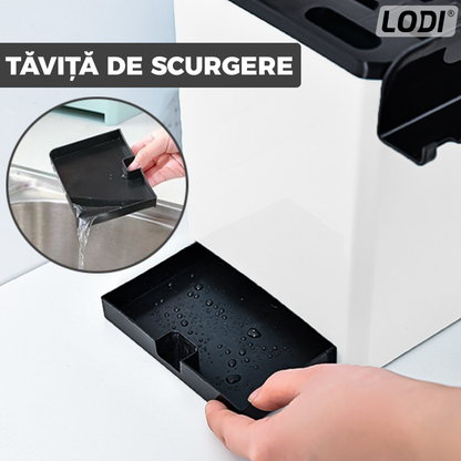 Organizator Multifunctional pentru Bucatarie Lodi531, 6 Compartimente, raft condimente, suport detasabil telefon,  tavita de scurgere, suport tacamuri/ustensile, alb