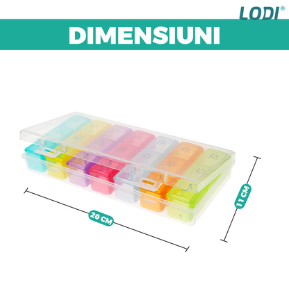 Cutie Organizatoare de Medicamente Lodi750, pastile si vitamine, 7 zile, recipiente detasabile cu 3 compartimente, compacta, 20 x 11 cm, multicolor