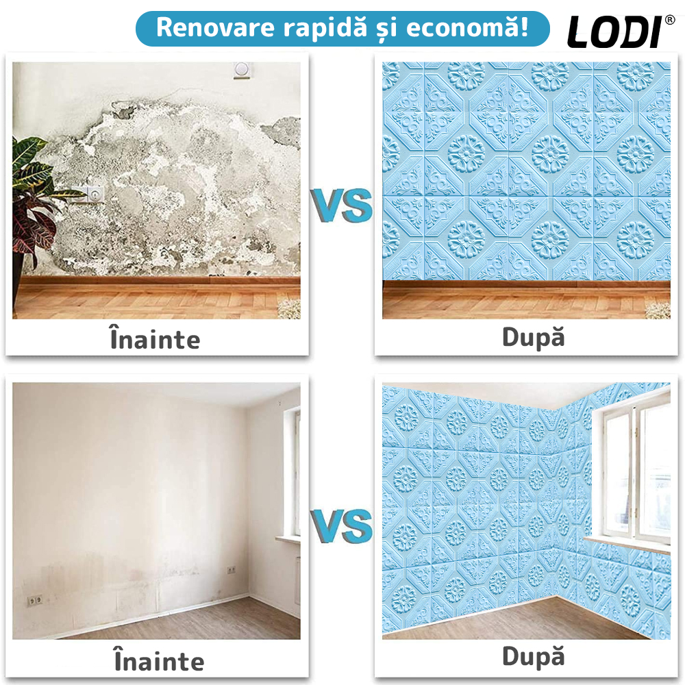 Set 10x Tapet 3D Lodi784, suprafata acoperire 4.9 mp, autoadeziv, Model Floral Carou, perete/tavan, waterproof, usor de montat, design modern, 70x70 cm, albastru
