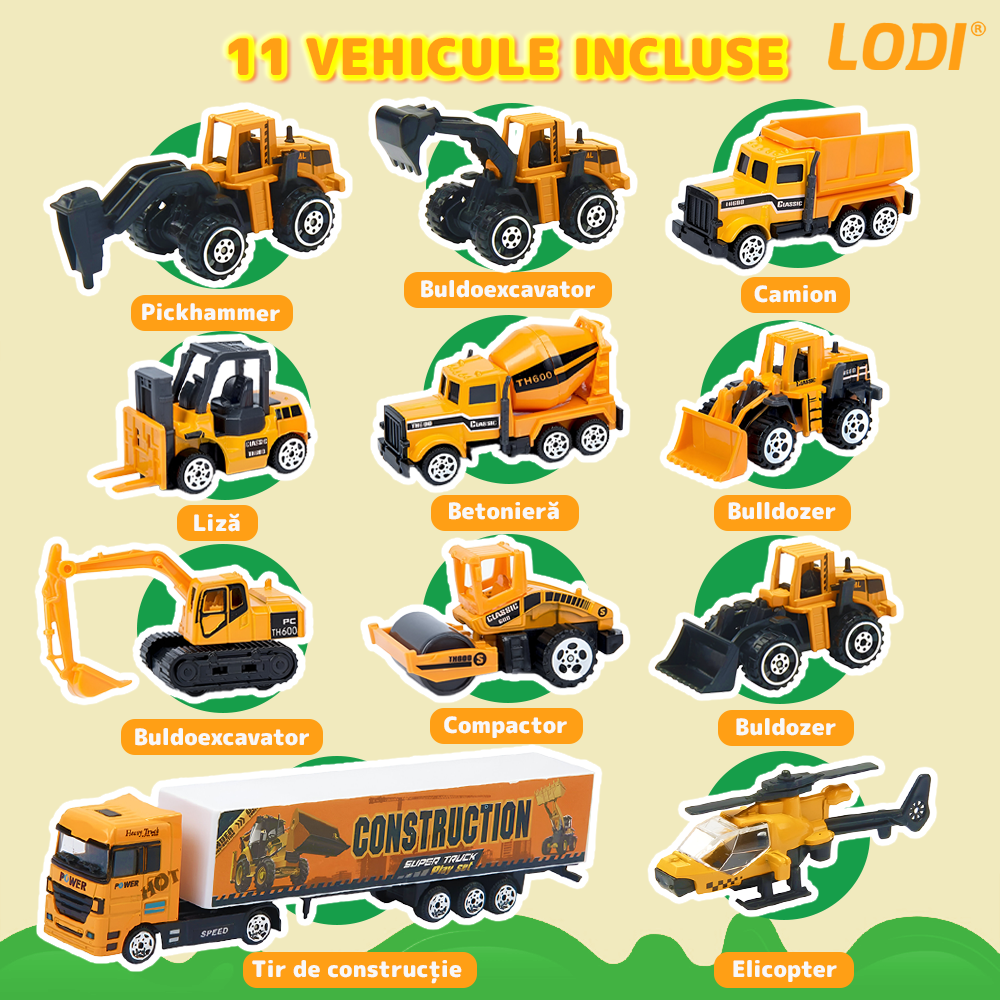 Set Camion Trailer de Jucarie pentru Transport Lodi1165, seria utilaje de constructie, 11 masinute incluse, bulldozer, utilaje, tir, accesorii mobile, lansator si rampa frontala, platforma tractare, galben