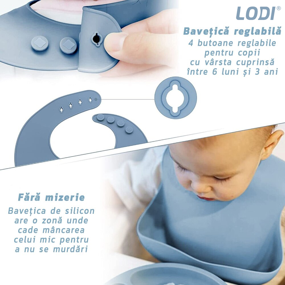 Set Hranire Bebeulsi Lodi250, 5 piese, termorezistente, silicon, fara BPA, pliabile, usor de curatat, dusty blue