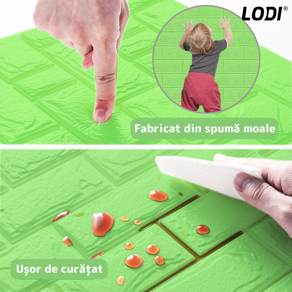Set Tapet Caramida 3D Lodi54, suprafata acoperire 5.3 mp, autoadeziv, waterproof, usor de montat, design modern, 70x77 cm, verde