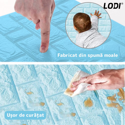Set Tapet Mic Caramida 3D Lodi106, suprafata acoperire 3.31 mp, autoadeziv, waterproof, usor de montat, design modern, 38.5x34 cm, albastru