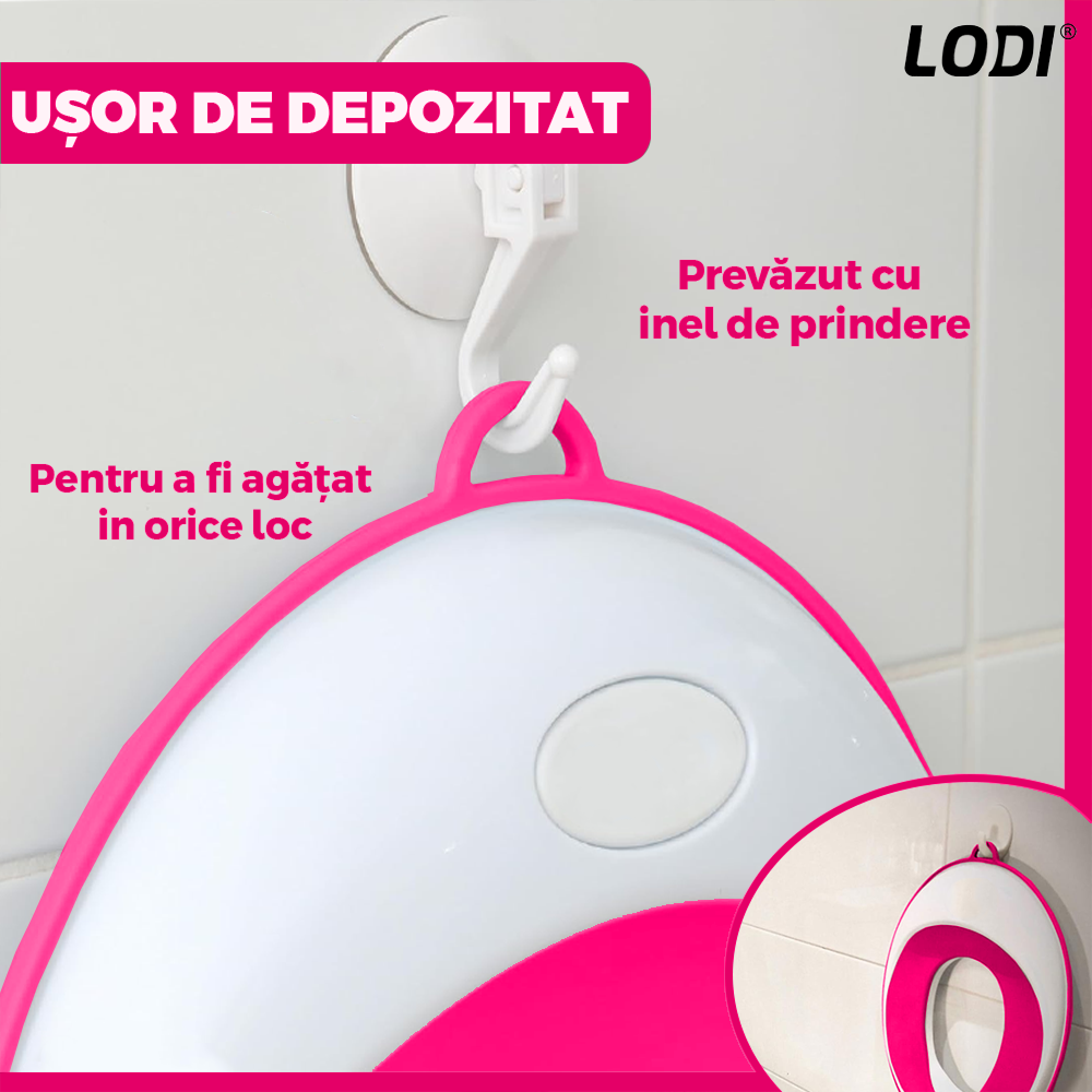 Reductor WC Copii Lodi649, suprafata antiderapanta, confortabil, protectie impotriva stropilor, compatibilitate universala, inel de prindere, portabil, alb/roz