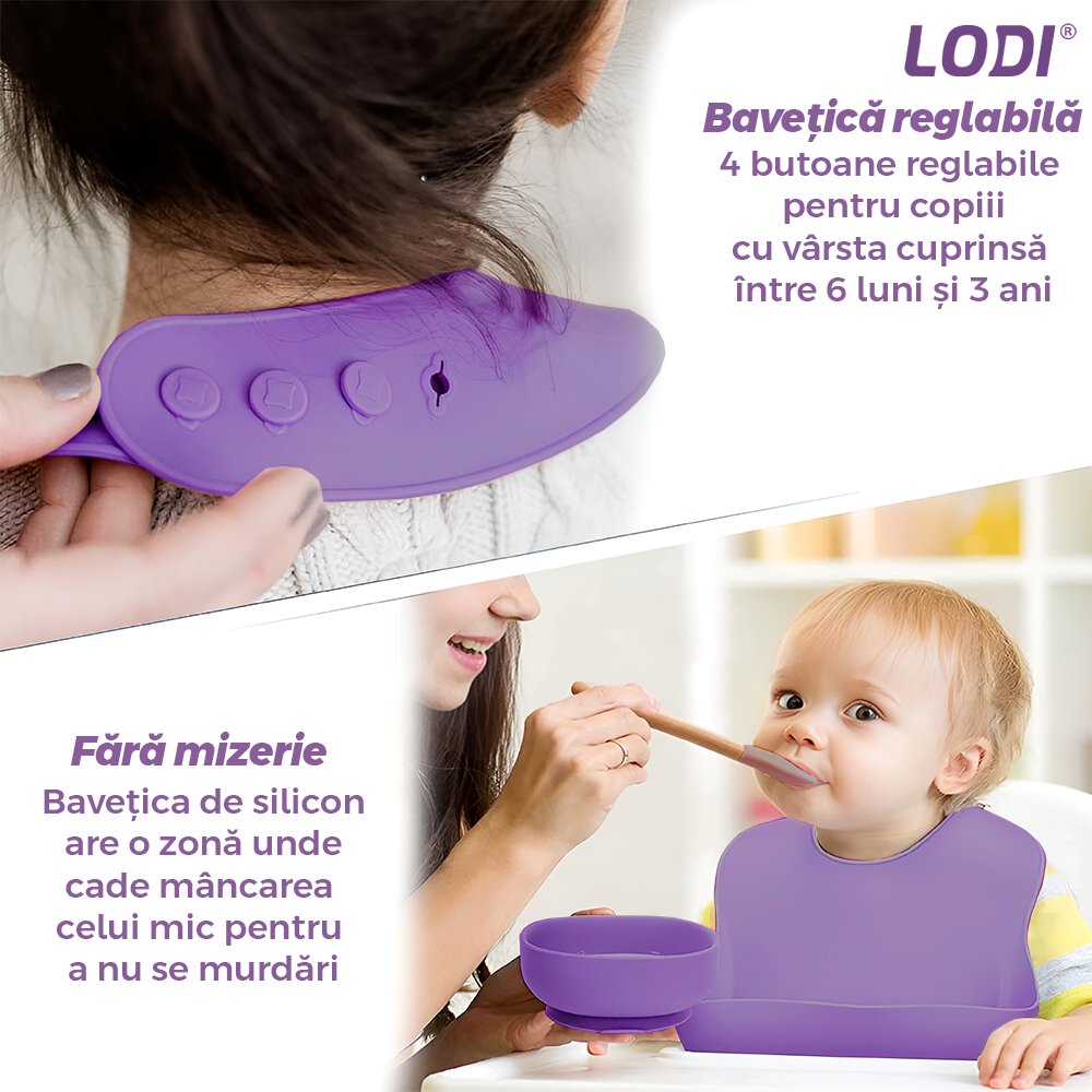 Set Hranire Bebeulsi Lodi1008, 6 piese, termorezistente, silicon, fara BPA, pliabile, usor de curatat, mov lila