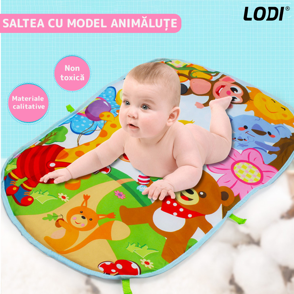 Centru de Activitati si Joaca Lodi327, saltea interactiva pentru copii  cu sunete, multifunctional, pian si oglinda detasabile, jucarii zornaitoare, 4 moduri interactive si educative, roz