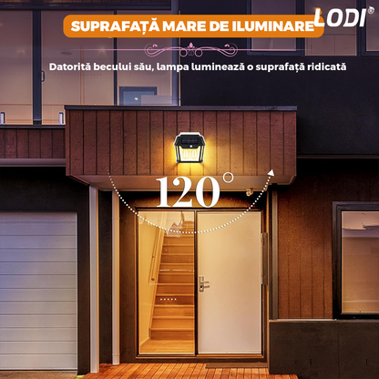 Lampa Solara de Perete LED Tip Felinar Dublu Lodi1273, senzor de miscare 5-8 metri, fara fir, 3 moduri de iluminare, protectie IP65, Waterproof, exterior, negru
