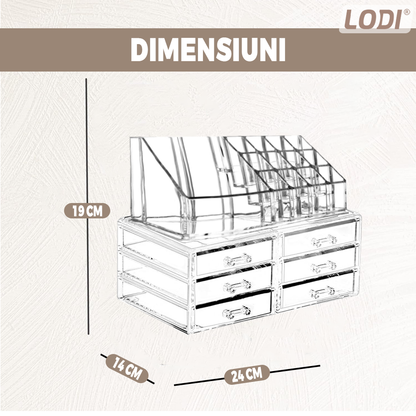 Organizator Cutie Depozitare pentru Produse Cosmetice Lodi473, bijuterii si alte obiecte, 6 sertare, piese detasabile, transparent, 24 x 19 cm