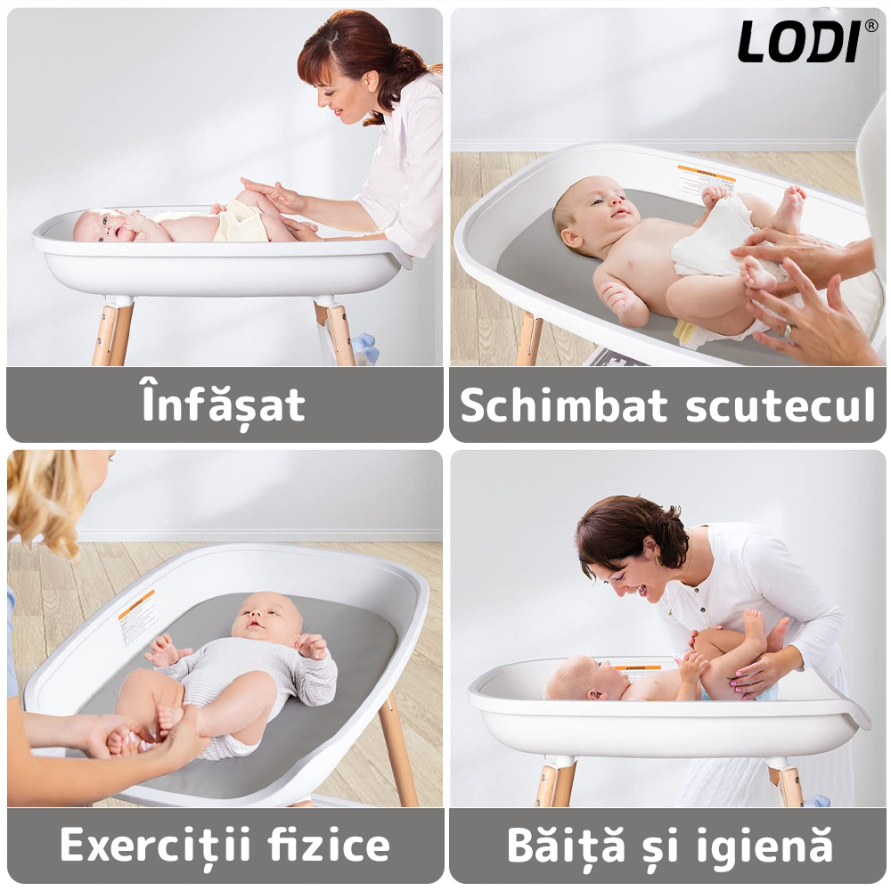Masa de Infasat Bebe Lodi1125, pernuta moale, spatii de depozitare, roti cu frana, ajustabila pe 3 niveluri, structura stabila, alb/gri