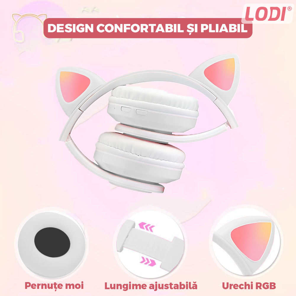 Casti Wireless Model Pisica Lodi1446, B39, overear, urechi de pisica cu iluminare RGB, bluetooth 5.0, handsfree, HiFi, bass stereo, alb